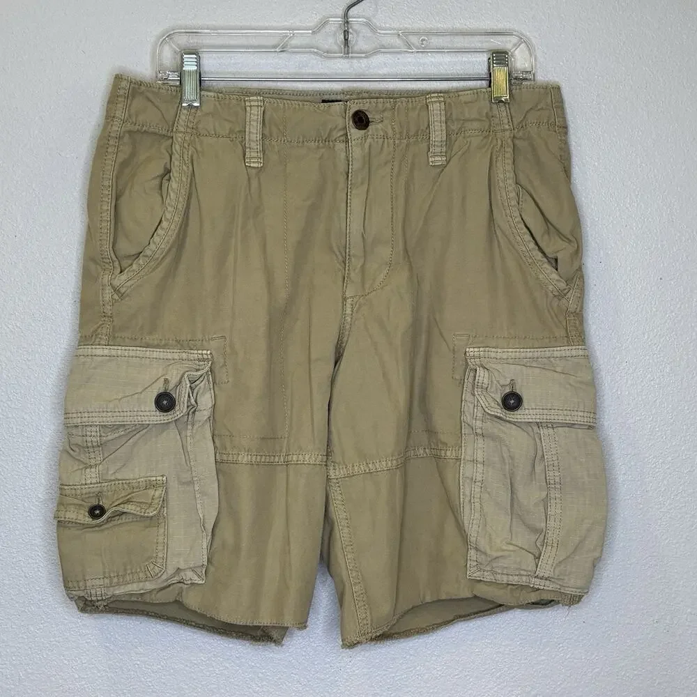 American Eagle Classic Cargo Shorts Mens‎ Size 31 Khaki Tan Distressed Raw Hem